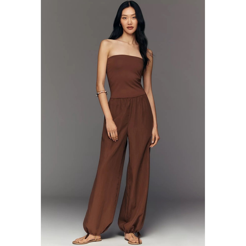 Maeve Anthropologie Strapless Mixed Media Jumpsuit Brown Small Tie Ankle Pocket